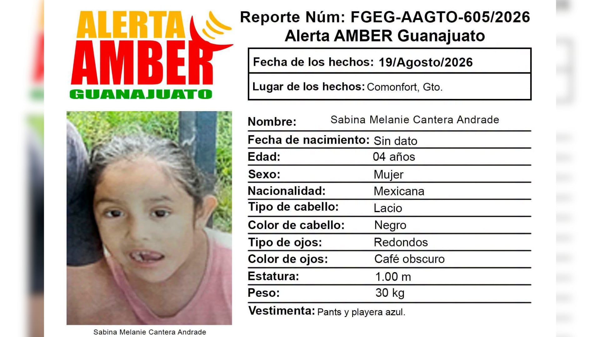 ATENCIÓN Guanajuato ¡Solo tiene 4 años! Piden localizar a la menor Sabina Melanie Cantera Andrade desaparecida en Guanajuato
