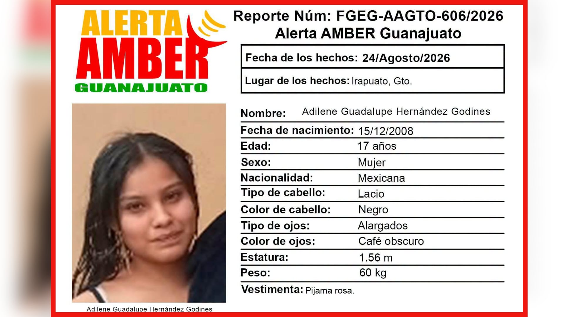 ¡AYÚDANOS A ENCONTRARLA! Activan ALERTA en todo Guanajuato para localizar a Adilene Guadalupe, menor desaparecida