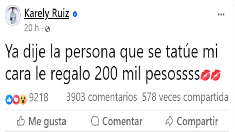 Karely Ruiz ofrece 200 mil pesos a quien se haga un tatuaje de su cara