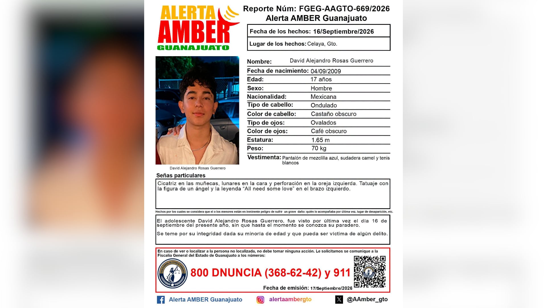 ¡No se sabe nada de él! Buscan a David Alejandro Rosas Guerrero desaparecido en Guanajuato