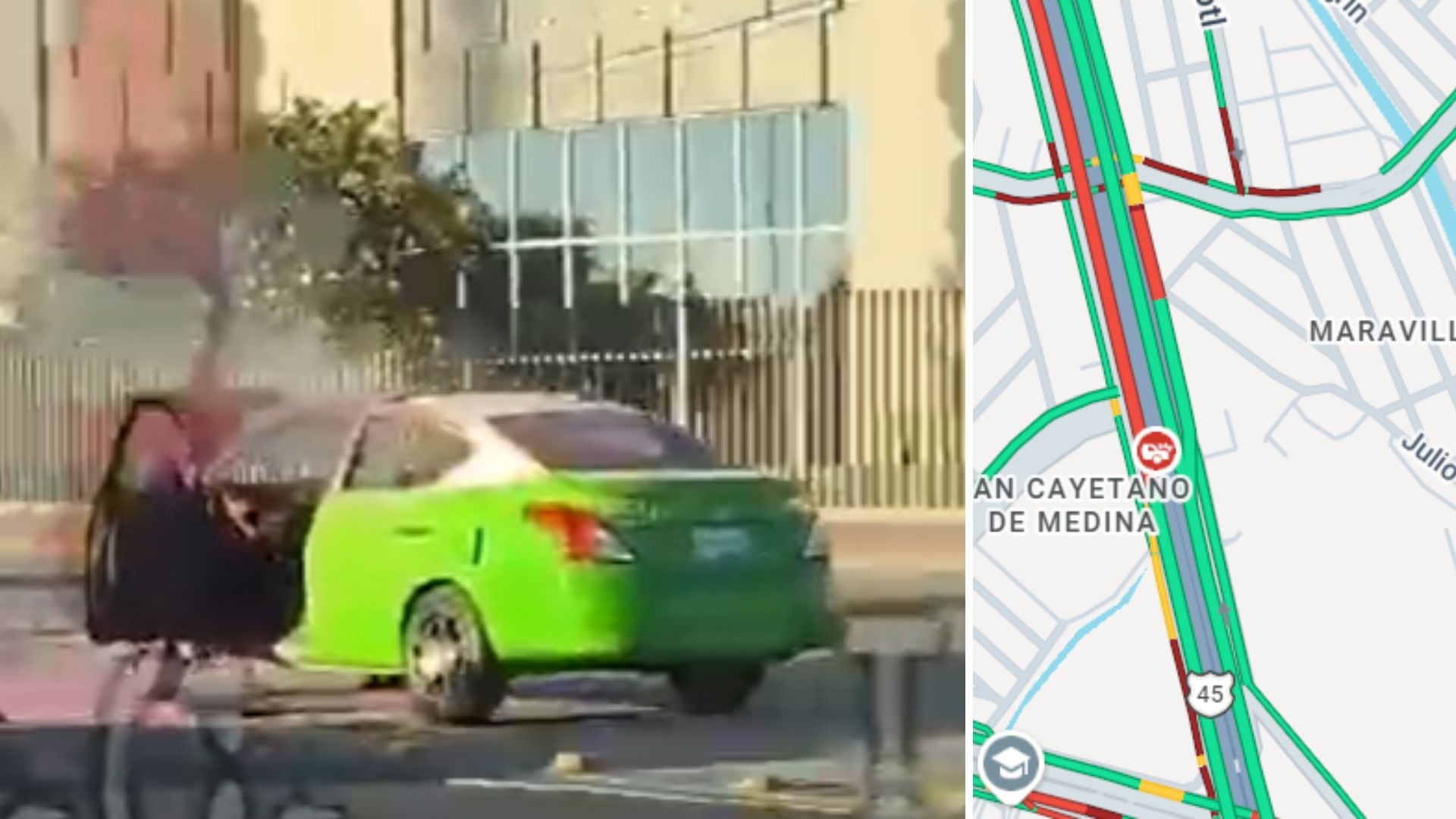IMÁGENES: Taxi INCENDIADO sobre el Libramiento de León HOY martes, detiene el tráfico: así quedó la unidad